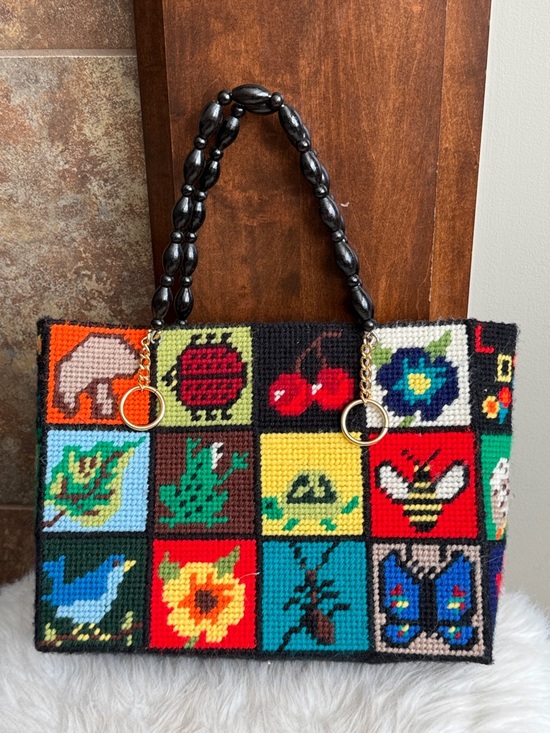 Vintage Handbags - Vintage nature colorful needlepoint 60s 70s bag purse hippie boho folk art